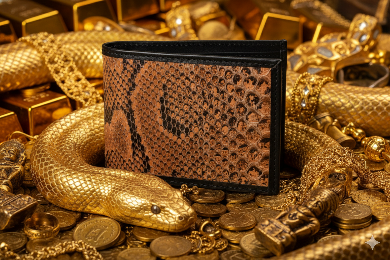 100% Pure Original Anaconda (Gold Black) Snake Skin Leather Wallet - AnacondaGOLD™ - Showsha Gold Antique Edition - Brand Box Included